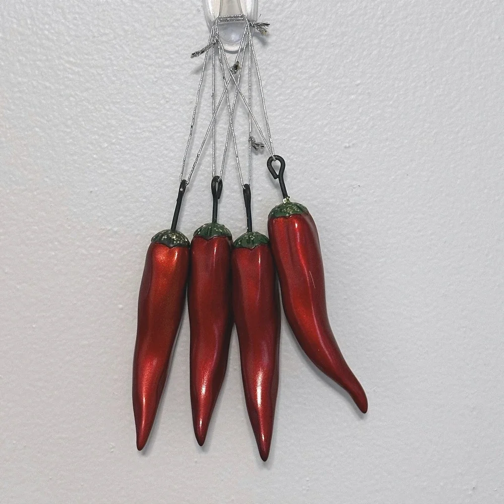 Red Chili‎ Pepper Christmas Ornaments Set of 4 Metallic Glitter Southwest